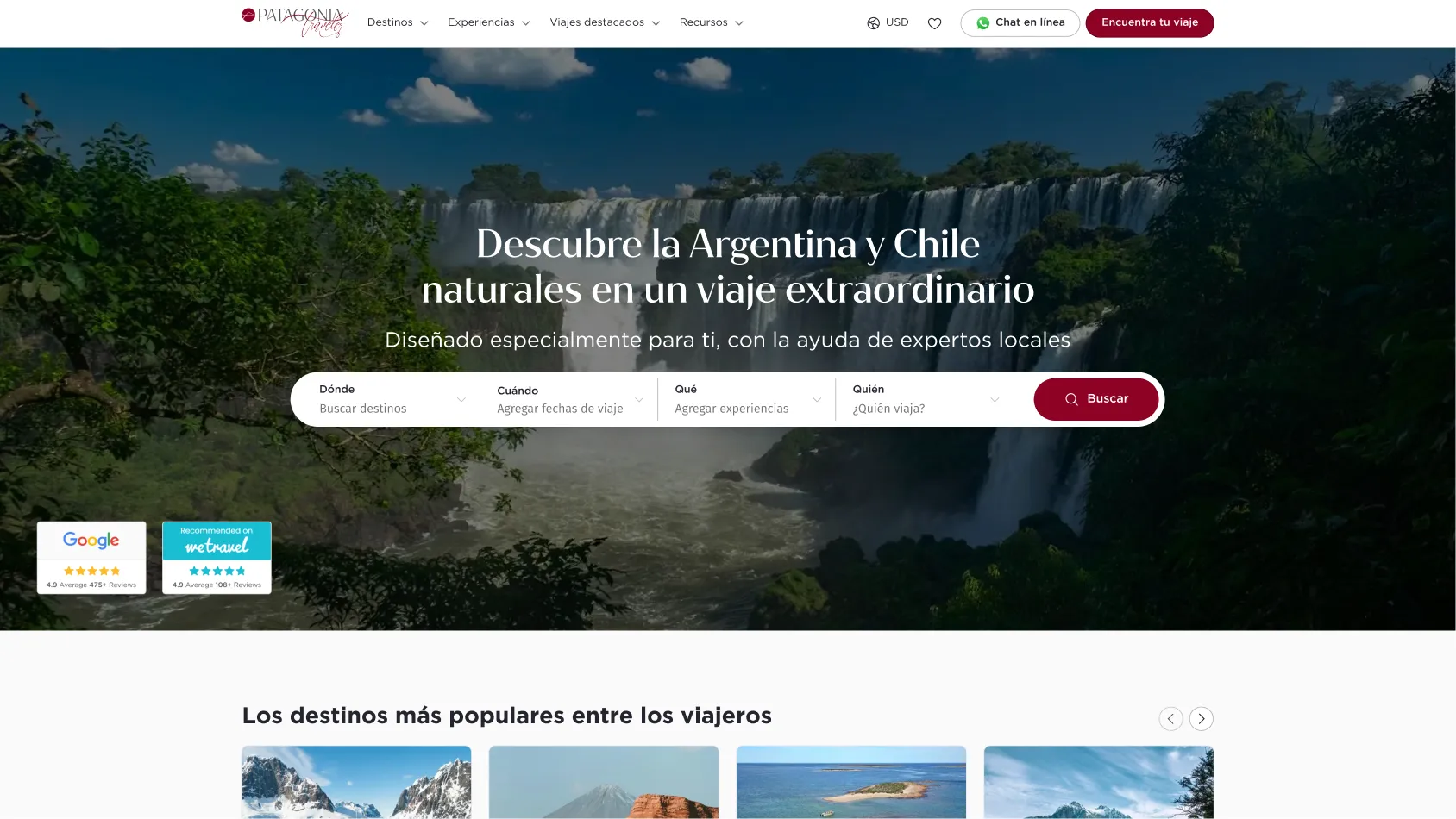 Wide waterfall surrounded by greenery under a partly cloudy sky, with text overlay about discovering natural Argentina and Chile travel experiences.